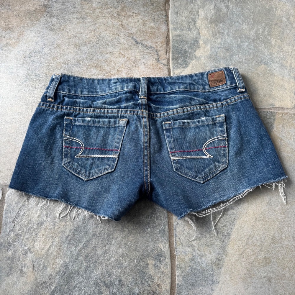 Y2K American Eagle Micro Mini Cutoff Shorts Sz 2 Super Low Rise Pink Stitching